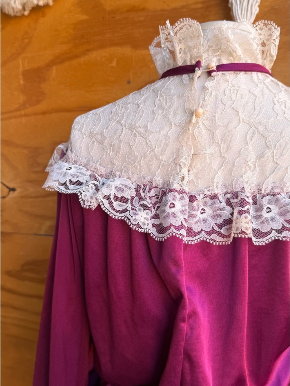 Vtg Wine Lace Collar Midi Dress Fit-Flared Long Sleeve ILGWU Unionmade Dre - Picture 7 of 12